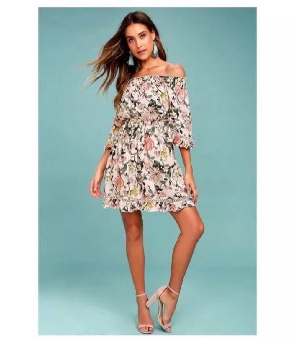 Lulus Hello, Darling Blush Pink Floral Dress sz Xsmall Off the Shoulder Sundress